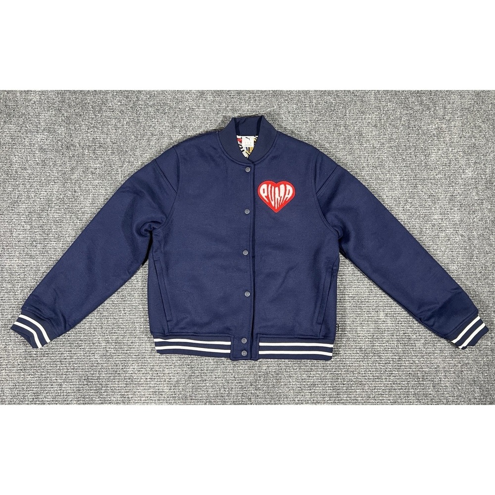 PUMA Varsity Jacket Navy Embroidered Logo Button Accents Zipped Pockets Men's M